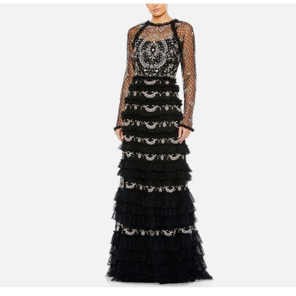 Mac Duggal 8030 Polka Dot Long Sleeve Floral Ruffle Tired Gown - Picture 1 of 12